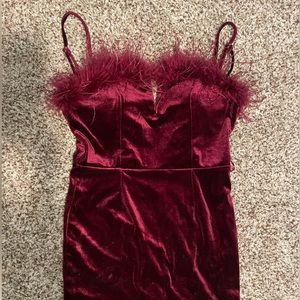 Red Velvet Feathered Valentines Mini Dress
